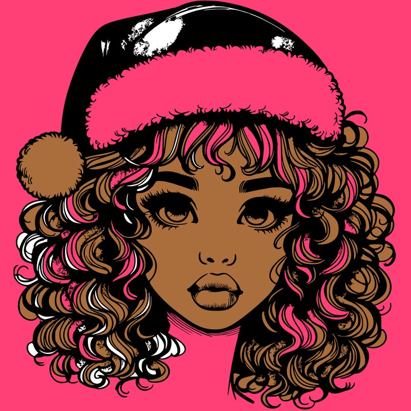 realistic girl with a santa hat curly hair and lips