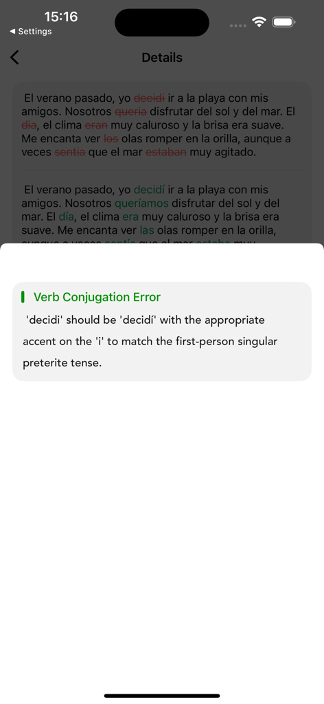 Spanish Grammar Checker - Ein mobiler Bildschirm, der eine App zur spanischen Grammatikprüfung mit einer detaillierten Erklärung für einen Verbkonjugationsfehler zeigt