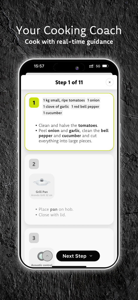 AbyAMC Cook & Go - Step-by-step guided cooking instructions on the AbyAMC Cook and Go mobile app.