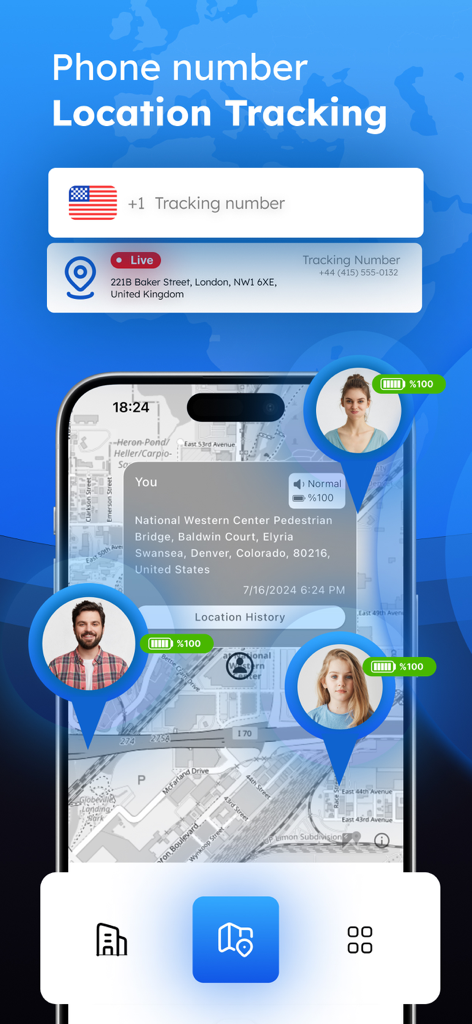Phone Location GPS Tracker - Smartphone screen showing Loc365 app tracking family members locations on a map with battery levels.