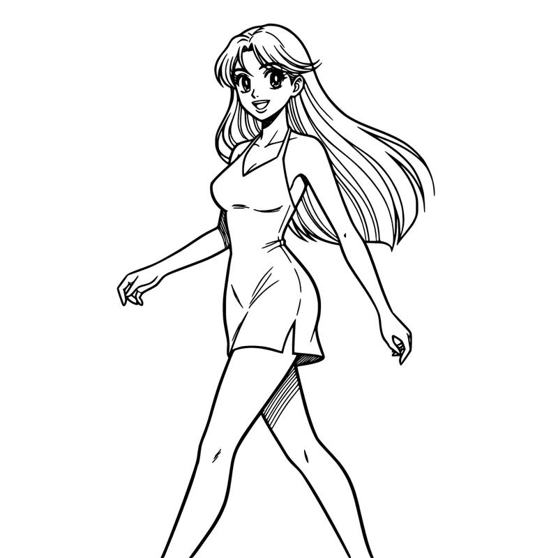 she has straight long flowy hair wwith an inverted triangle body shape is tall and wearing a mini dress that is a halter neck and a slight left split