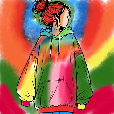 realistic girl with a oversized sweatshirt on and a bun