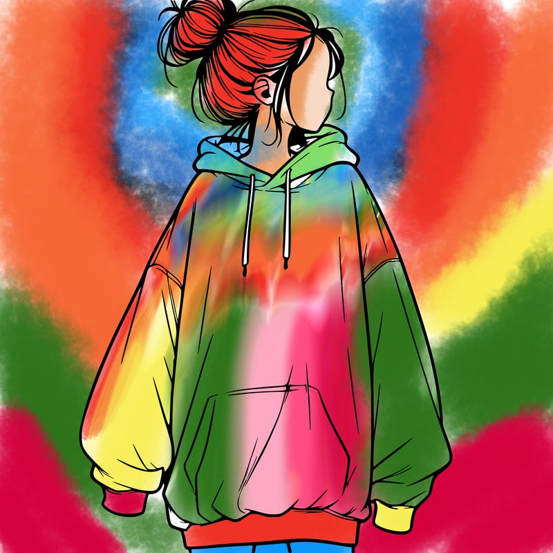 realistic girl with a oversized sweatshirt on and a bun