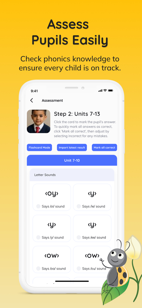 Jolly Classroom: Teach Phonics - Jolly Classroom app interface for teachers to assess student phonics knowledge