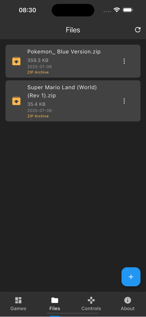 Screenshot of the RPCSX emulator app showing a list of zipped game backups in the files section.