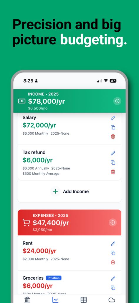 Saveplan - 재정 계획을 위한 연간 예상 수입 및 지출 내역을 보여주는 Saveplan 앱 인터페이스