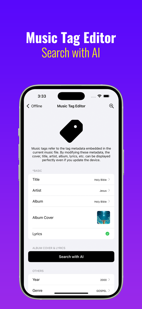 Wake Music：Offline Music - A screenshot of the Wake Music app showing the music tag editor interface with AI search for metadata and album art
