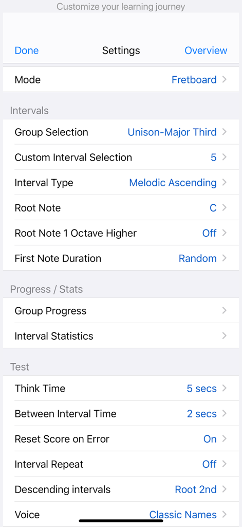 Guitar Interval Ear Trainer - The settings menu of the Guitar Interval Ear Trainer app showing options for customizing intervals and test parameters