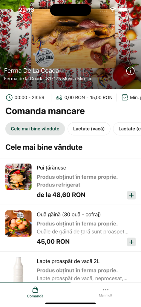 Ferma de la Coada - Interface of the Ferma de la Coada app showing a menu with fresh farm products like country chicken, eggs, and milk