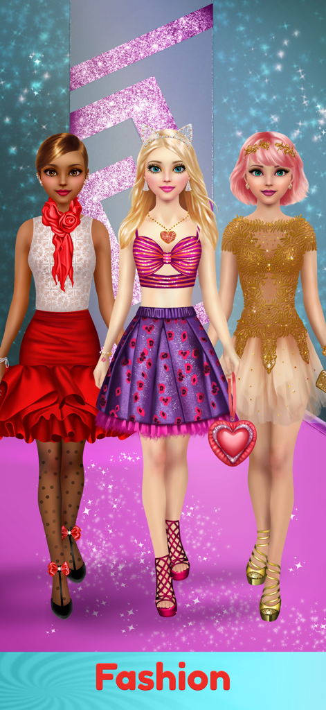 Dress Up & Makeup Girl Games - Tres chicas estilosas con diferentes tonos de piel luciendo atuendos de moda en un juego de cambio de imagen