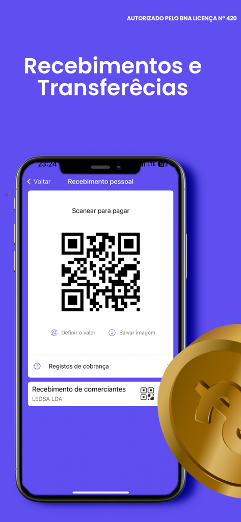 PayPay AO - Schermata dell'app PayPay AO che mostra un codice QR per pagamenti mobili e trasferimenti personali in portoghese