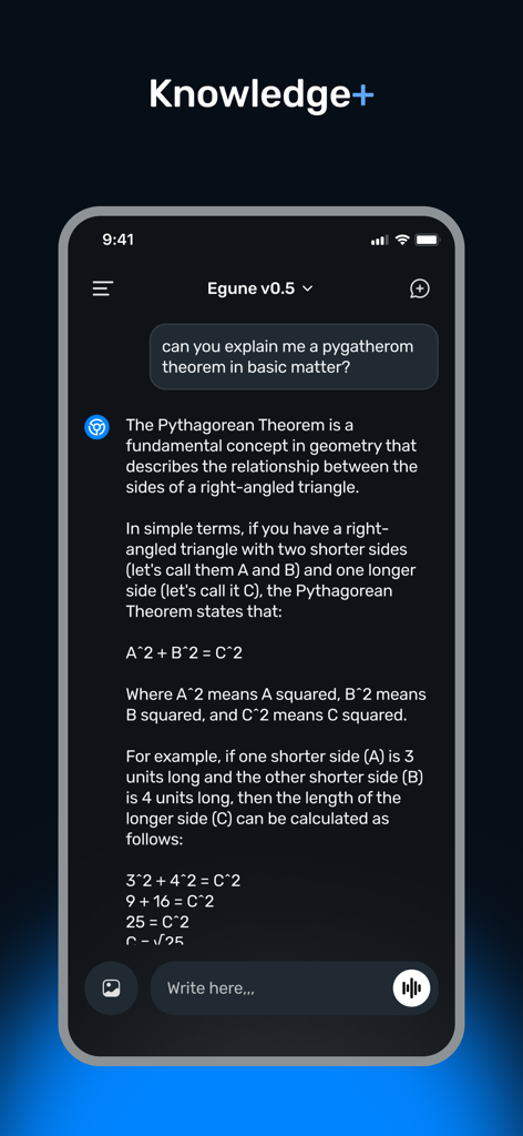 에군 챗 AI 비서가 모바일 앱 인터페이스에서 피타고라스 정리를 설명합니다.