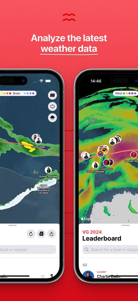 Vendée Live - Interface of Vendee Live app showing real-time wind and snow weather data on global maps with skipper positions and race leaderboard.