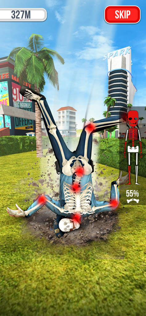Falling Art Ragdoll Simulator - A 3D ragdoll character crashing into the ground with an X-ray view showing broken bones and red impact points.