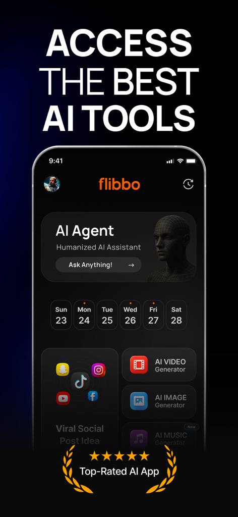 Flibbo AI mobile app interface with tools for generating viral content images and music