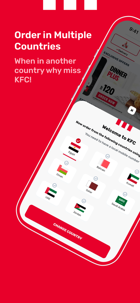 KFC Egypt - Order Food Online - Interfaz de la aplicación móvil KFC Egipto que muestra opciones de selección de país para la región de Medio Oriente