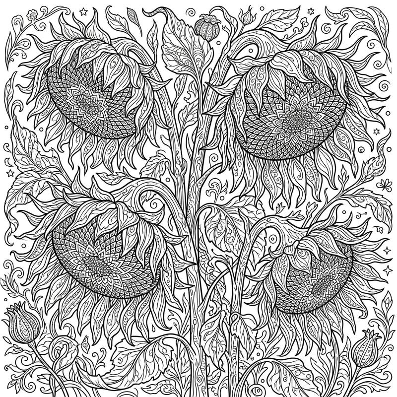 Discover the captivating beauty of nature's transition with this intricate wilting sunflowers coloring page. Designed for adults, it offers a detailed and therapeutic artistic experience.