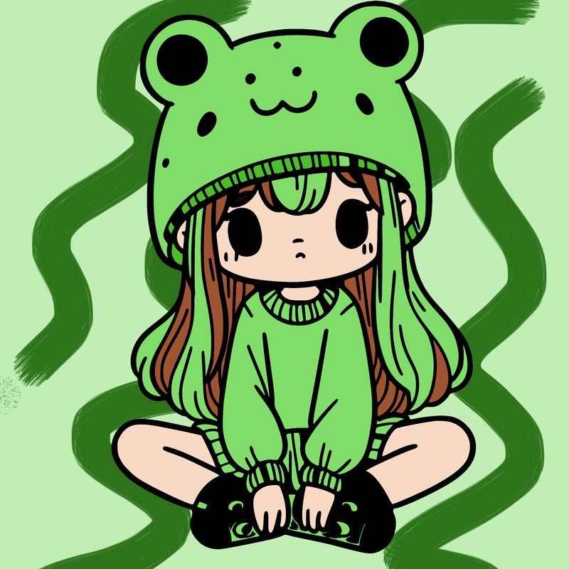a girl wearing a frog hat and some frog socks