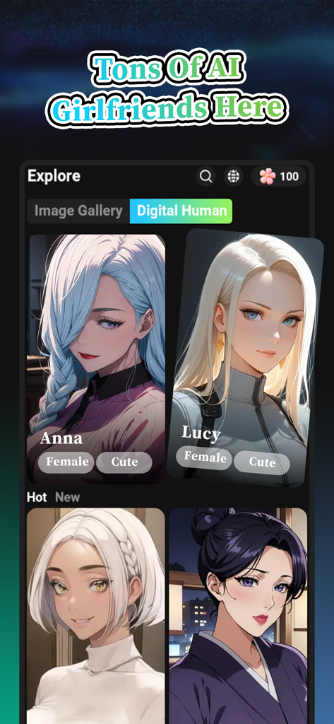 Keily-Create AI Stroy - AnnaやLucyという名前のキャラクターを含む、Digital Humanタブの下にあるAI生成のアニメ女性キャラクターのギャラリーを示すKeilyアプリのスクリーンショット