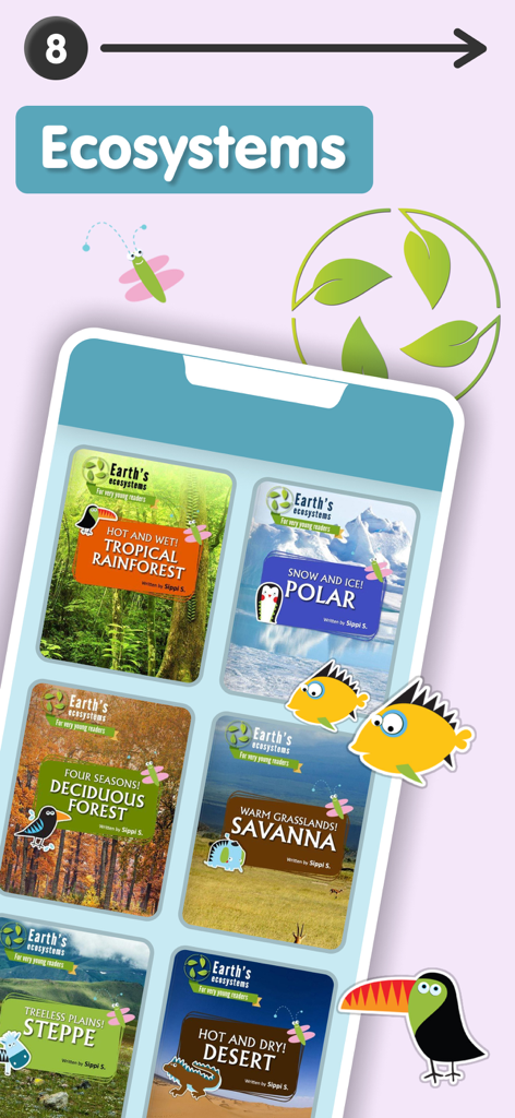 Display of digital science books covering different ecosystems like rainforests and deserts for first grade readers.