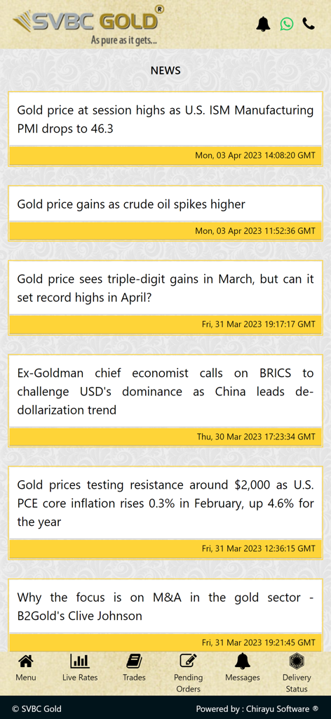 News feed screen of the SVBC GOLD app showing global market headlines and gold price updates.