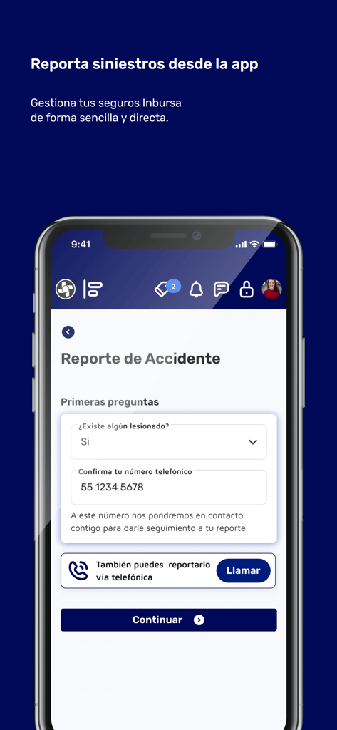 Inbursa Móvil - Interfaz de la aplicación Inbursa Movil para presentar un reporte de siniestro de seguro en español