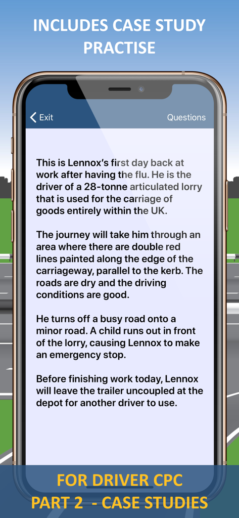 2026 HGV & LGV Theory Test Kit - Mobile app screen displaying a practice case study for the Driver CPC Part 2 test