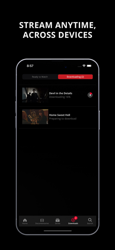 HISTORY Vault - Interfaz de la aplicación HISTORY Vault que muestra la sección de descargas con documentales en progreso para ver sin conexión.