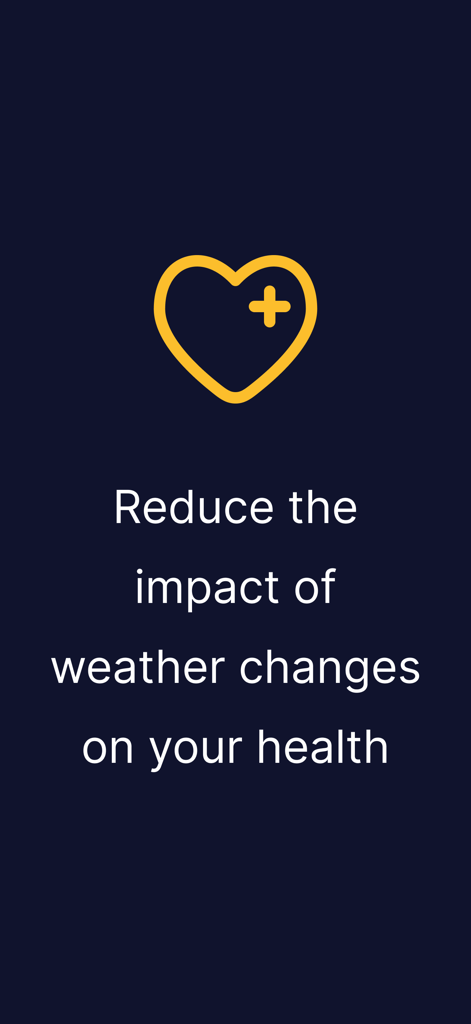 Meteoagent - Meteoagent intro screen with a yellow heart icon and text about reducing the impact of weather changes on health