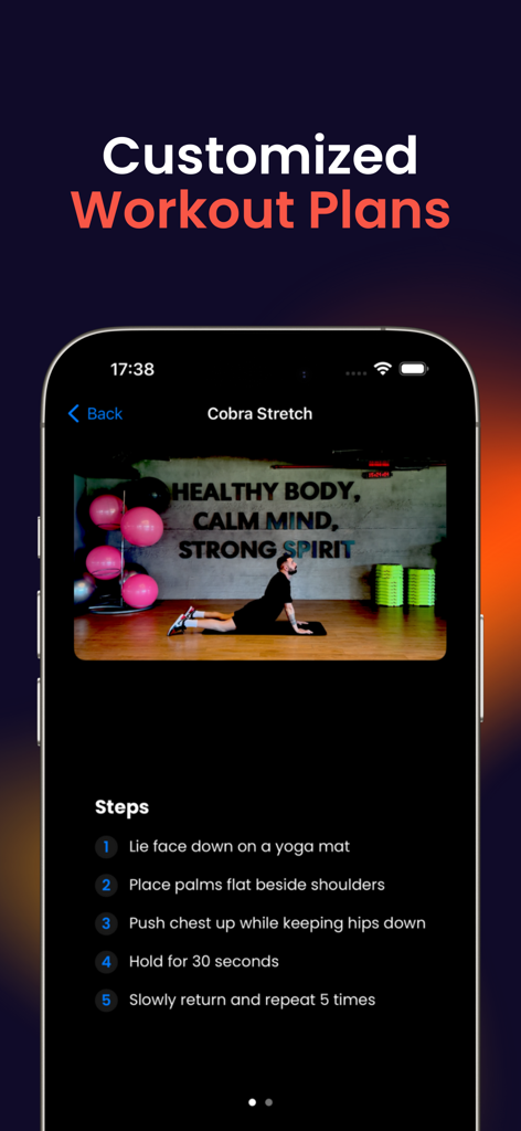 HeightMax app interface showing a customized workout plan for the cobra stretch with step by step instructions