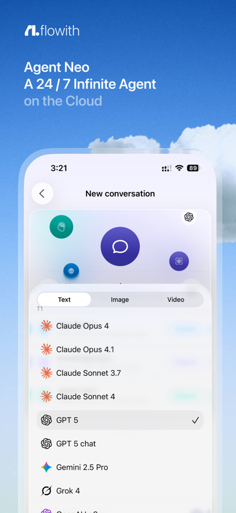 L'interface de l'application Flowith affichant l'Agent Neo et une liste de sélection de modèles IA avancés tels que GPT-5 et Claude Opus.