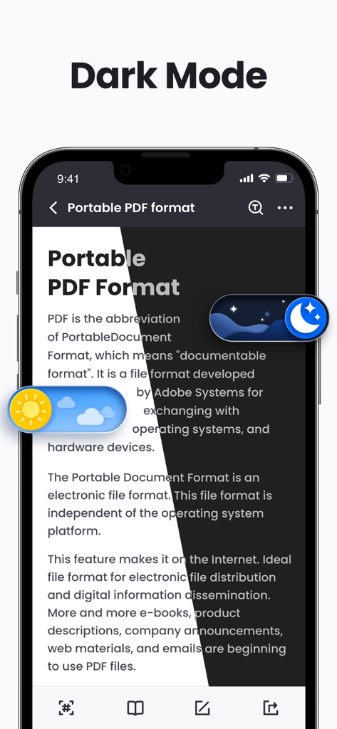 PDF Reader & PDF Editor - ライトモードとダークモードを示すスプリットスクリーンでPDFリーダーアプリを表示するスマートフォン