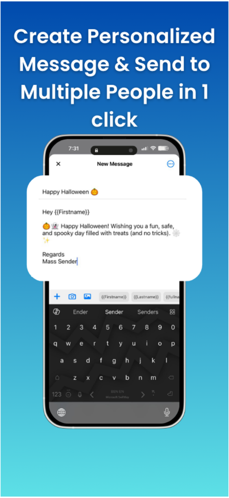 Pantalla de smartphone que muestra cómo crear un mensaje masivo personalizado utilizando marcadores de posición como Nombre para envío masivo.