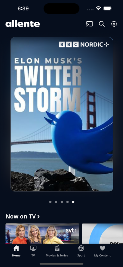 Écran d'accueil de l'application Allente présentant un documentaire sur BBC Nordic et des chaînes de télévision en direct