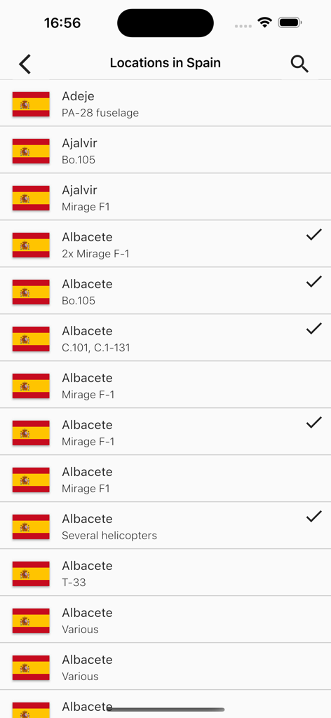 Wrecks & Relics - List of aircraft locations in Spain within the Wrecks and Relics app showing various planes and helicopters