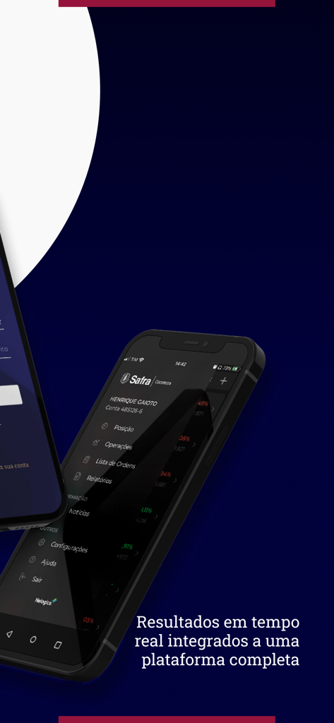 Safra Corretora - Un smartphone mostrando el menú de la aplicación de inversión Safra Corretora con datos de trading en tiempo real