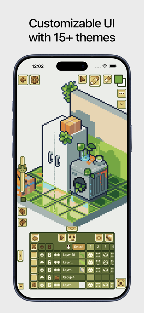 iPhone screenshot of Pixquare pixel art studio showing an isometric drawing and customizable green interface theme