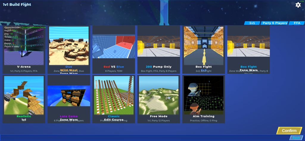 BuildNow GG - Building Shooter - Game mode selection screen for BuildNow GG featuring 1v1, Box Fight, and Aim Training modes.