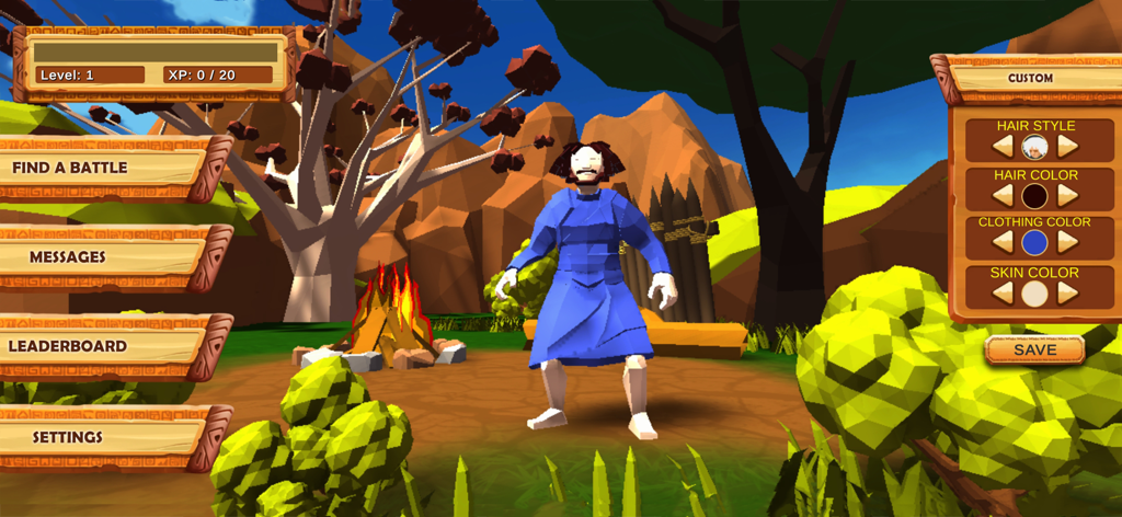 Rise Of Fearless - Character customization screen in Rise of Fearless featuring a low-poly avatar and stylized menu