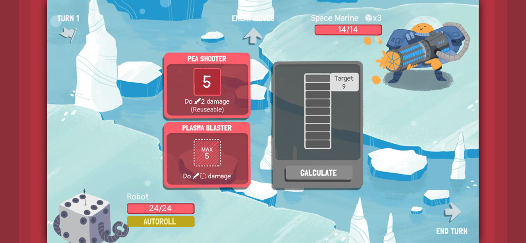 Dicey Dungeons - Gameplay screenshot of Dicey Dungeons showing the Robot hero battling a Space Marine in an icy environment.