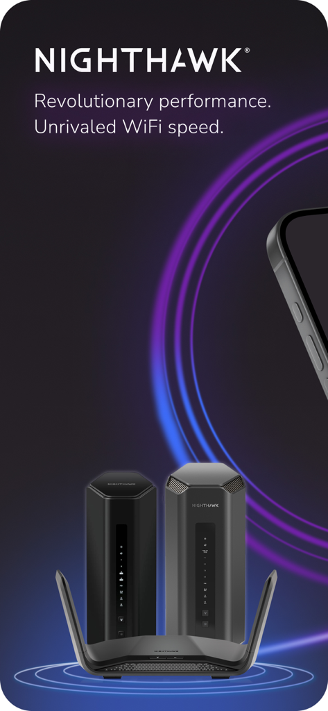 Netgear Nighthawk router hardware and promotional text mentioning revolutionary performance and unrivaled WiFi speed