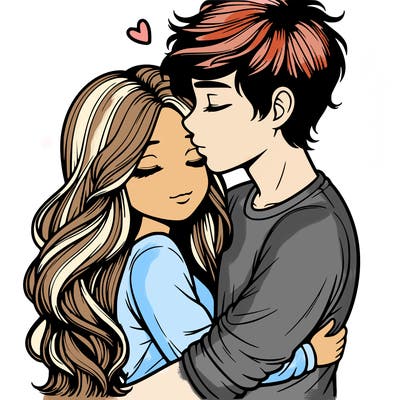 a realistic couple boy and girl hugging and kissing