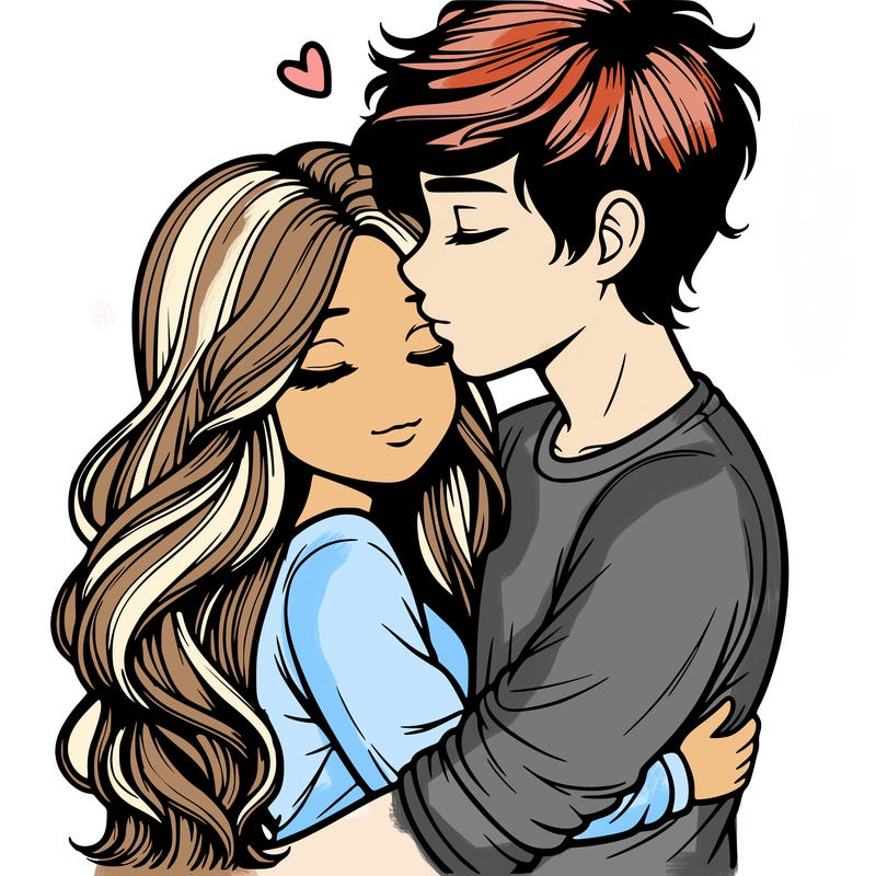 a realistic couple boy and girl hugging and kissing