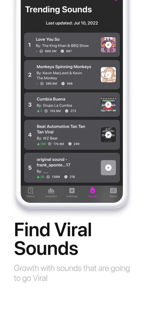 SnapTk Save Video from Links - Screenshot of SnapTk app showing a curated list of trending sounds and music to help creators go viral on social media.