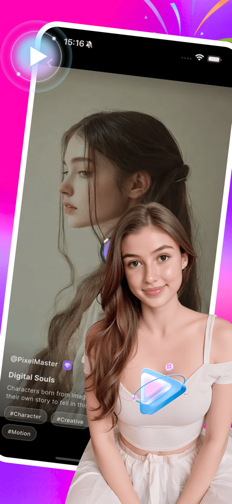 Zeno - motion - Zeno motion app interface showing an AI generated video of a young woman with creative hashtags