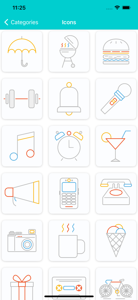 Logo Maker - Create Design - Uma coleção de ícones coloridos em linha para criar logos personalizados em várias categorias