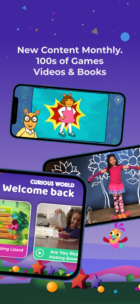 A collection of screens from the Curious World app showing educational games videos and books for kids
