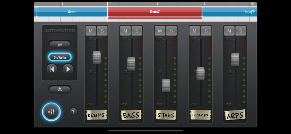 SessionBand Original - SessionBand music app mixer interface with volume faders and automation controls