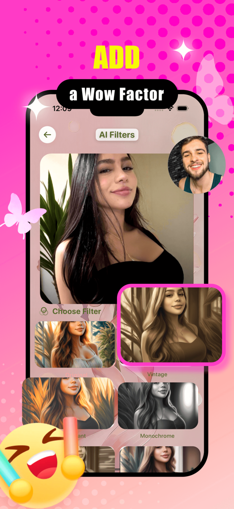 Elera - Interface of the Elera app showing AI photo filters including Vintage and Monochrome styles