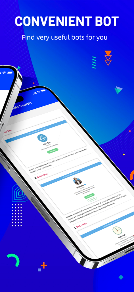 Group Channel for Telegram - A list of useful Telegram bots like Alert Bot and BotFather on a mobile app screen